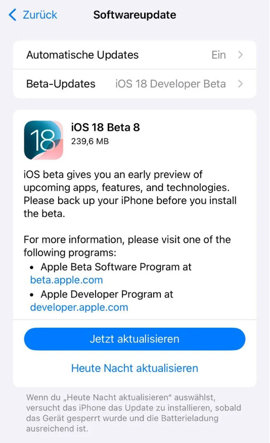 兖州苹果手机维修分享苹果 iOS / iPadOS 18 开发者预览版 Beta 8 发布 